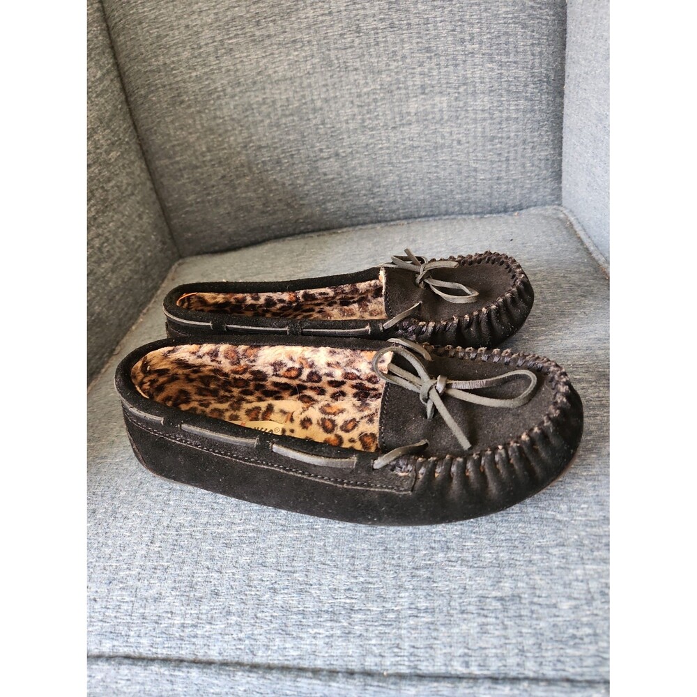 Minnetonka Women's Black Suede Moccasin Flats w/ Leopard-Print Interior Size 8